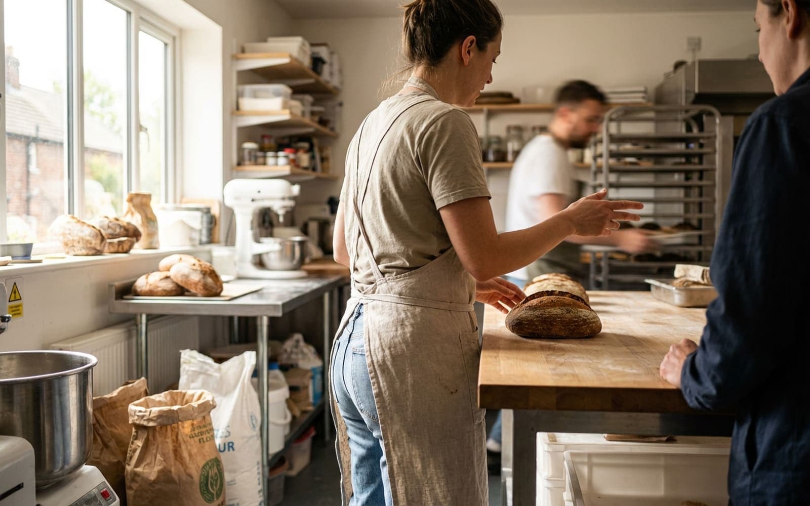 Micro-baker working at a wooden counter